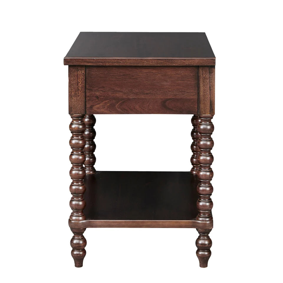 Morocco Brown Wood Nightstand with Turned Legs and Single Drawer