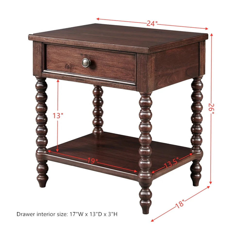 Morocco Brown Wood Nightstand with Turned Legs and Single Drawer