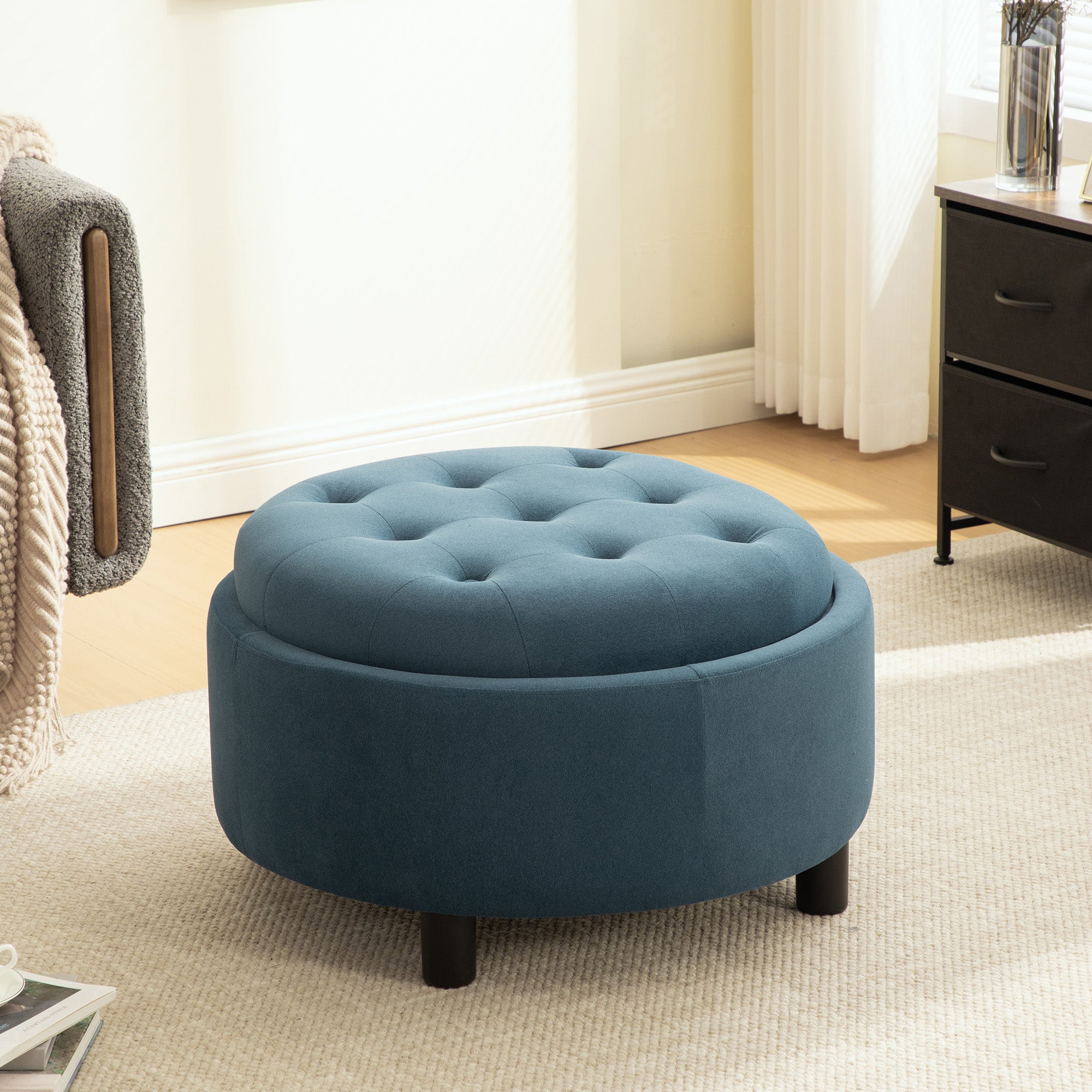 Round Storage Ottoman with Reversible Lid, Blue Fleece - Elirian