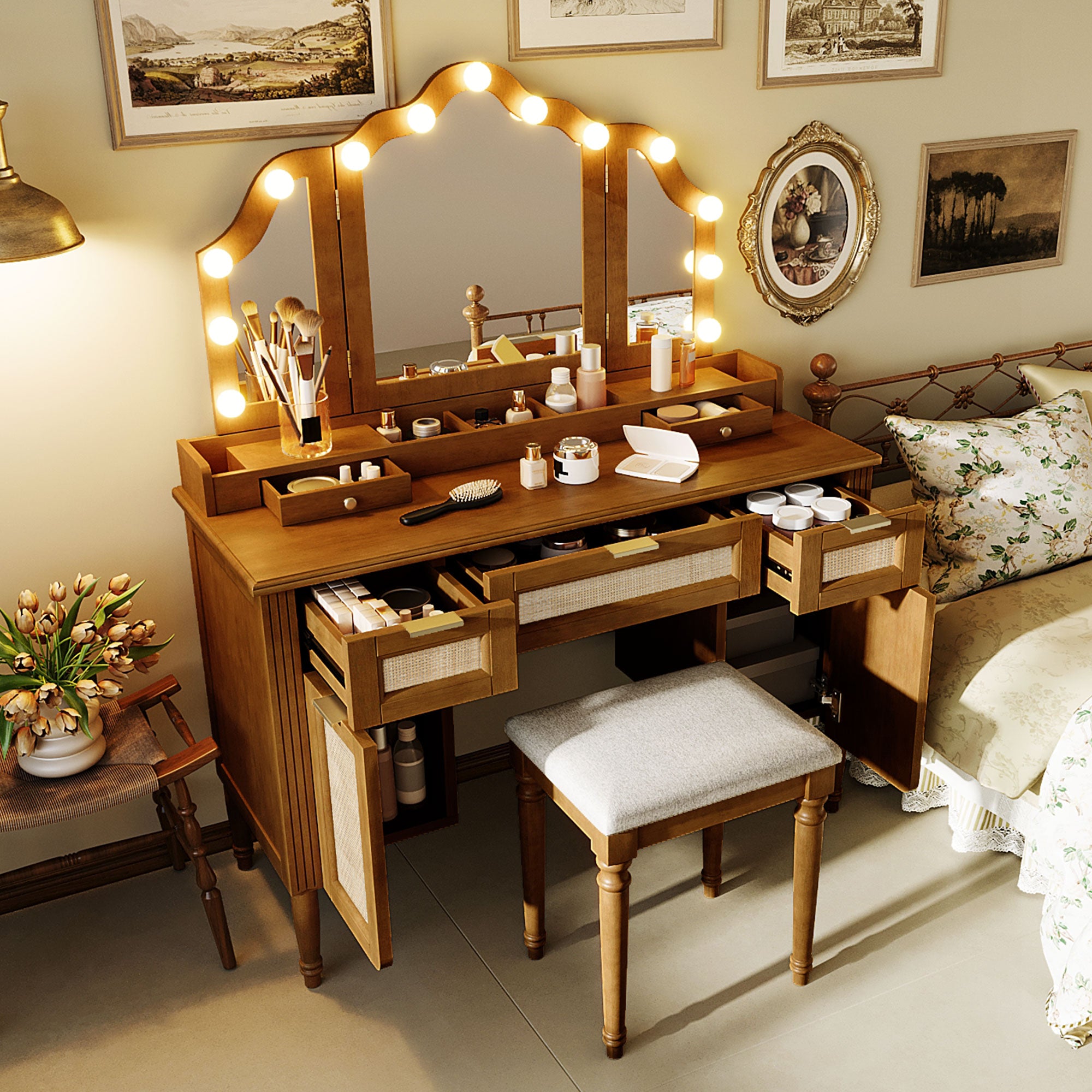 Hollywood Vanity Desk & Stool Set with Tri-Fold Mirror, Espresso - Elirian