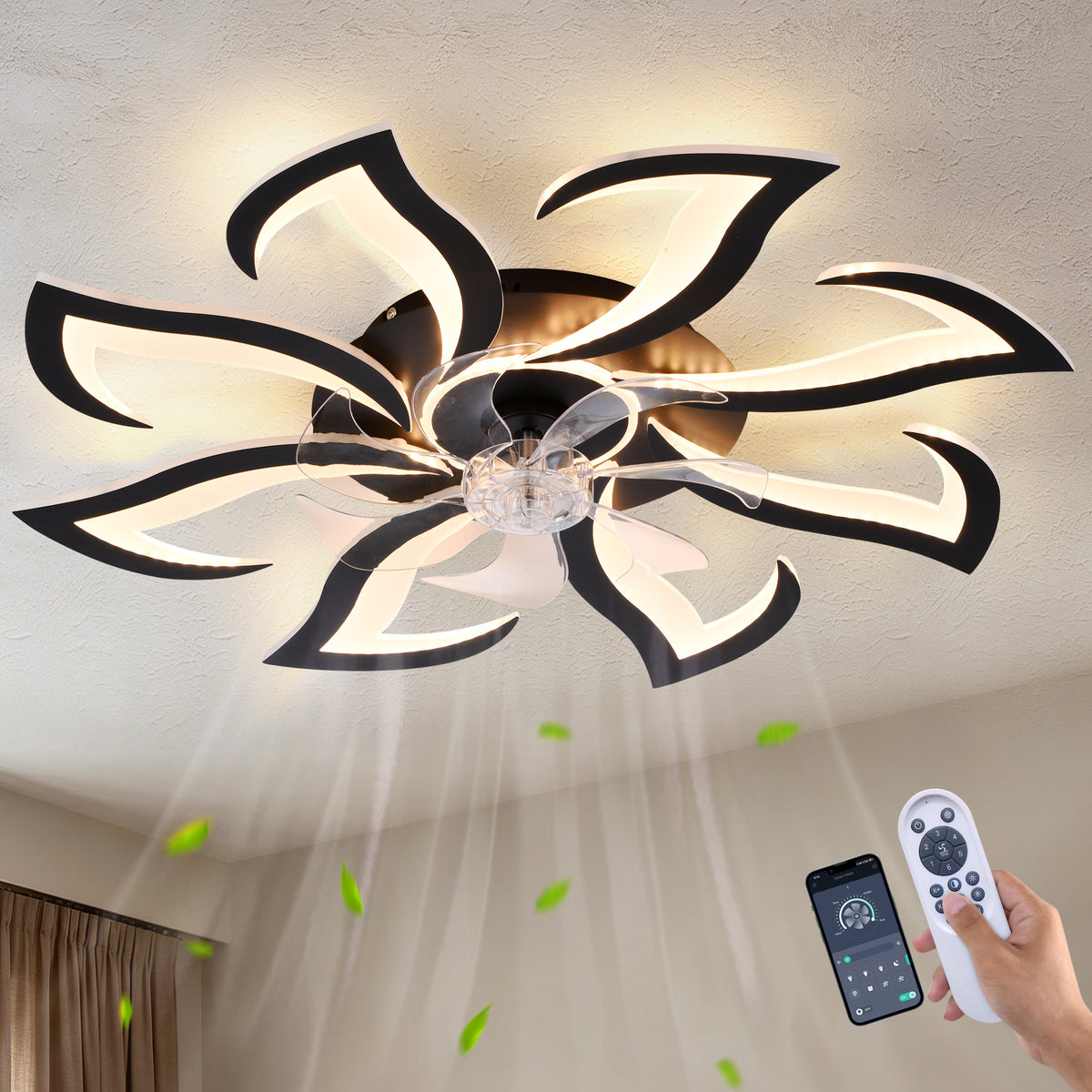 Black Flower Flush Mount Ceiling Fan with Dimmable LED Light and Remote, 32-Inch - Elirian
