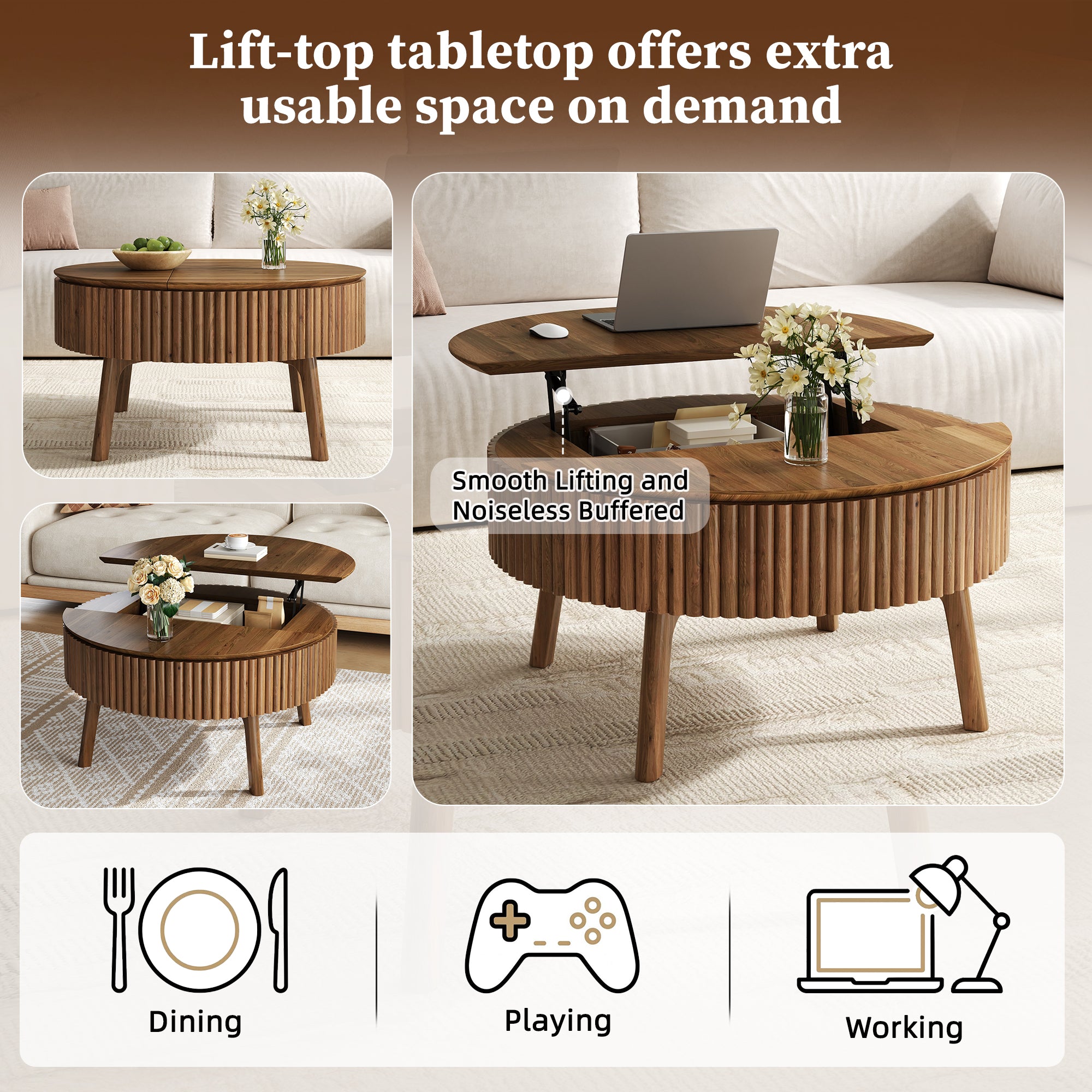 Walnut Round Lift-Top Coffee Table with Fluted Base - Elirian