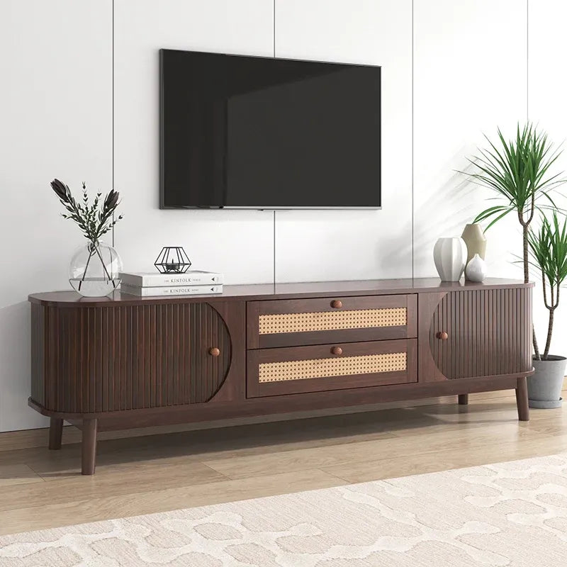 Curved Natural Wood TV Stand with Doors &amp; Rattan Drawers