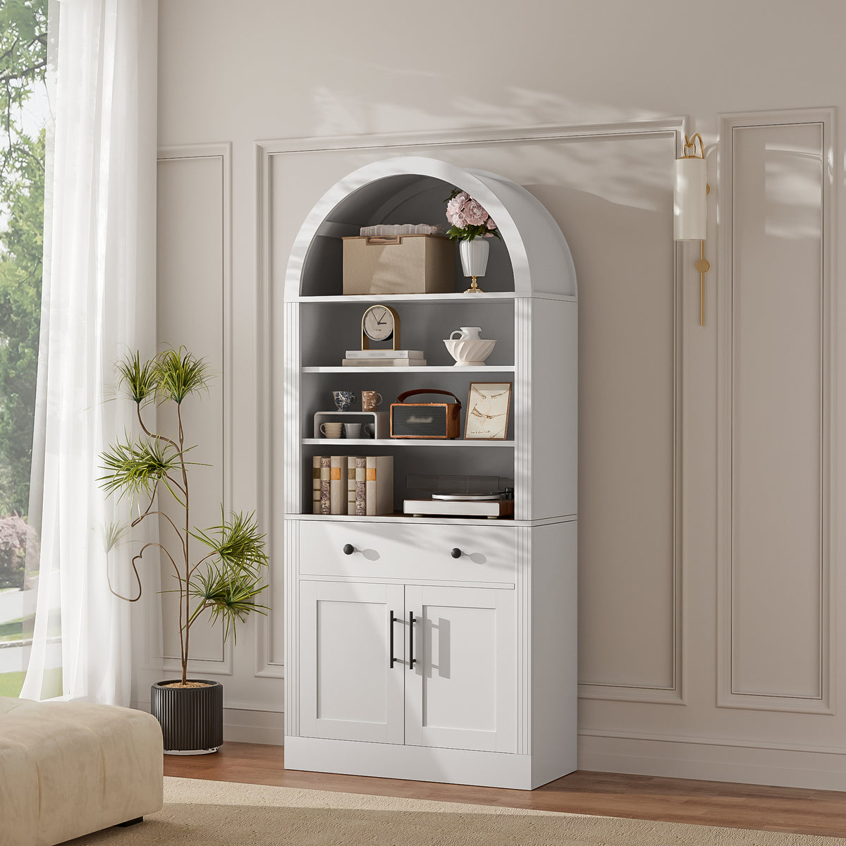 Arched White Bookshelf with Storage Cabinet and Adjustable Shelves - Elirian