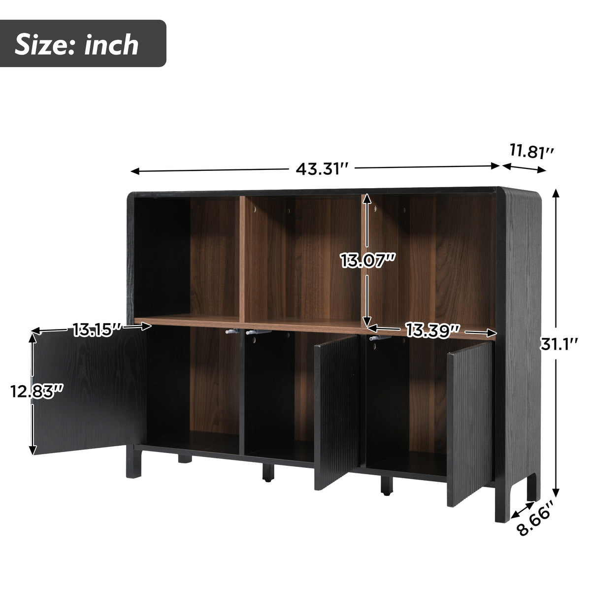 Black Fluted 3-Door Storage Cabinet with Open Display Shelves - Elirian
