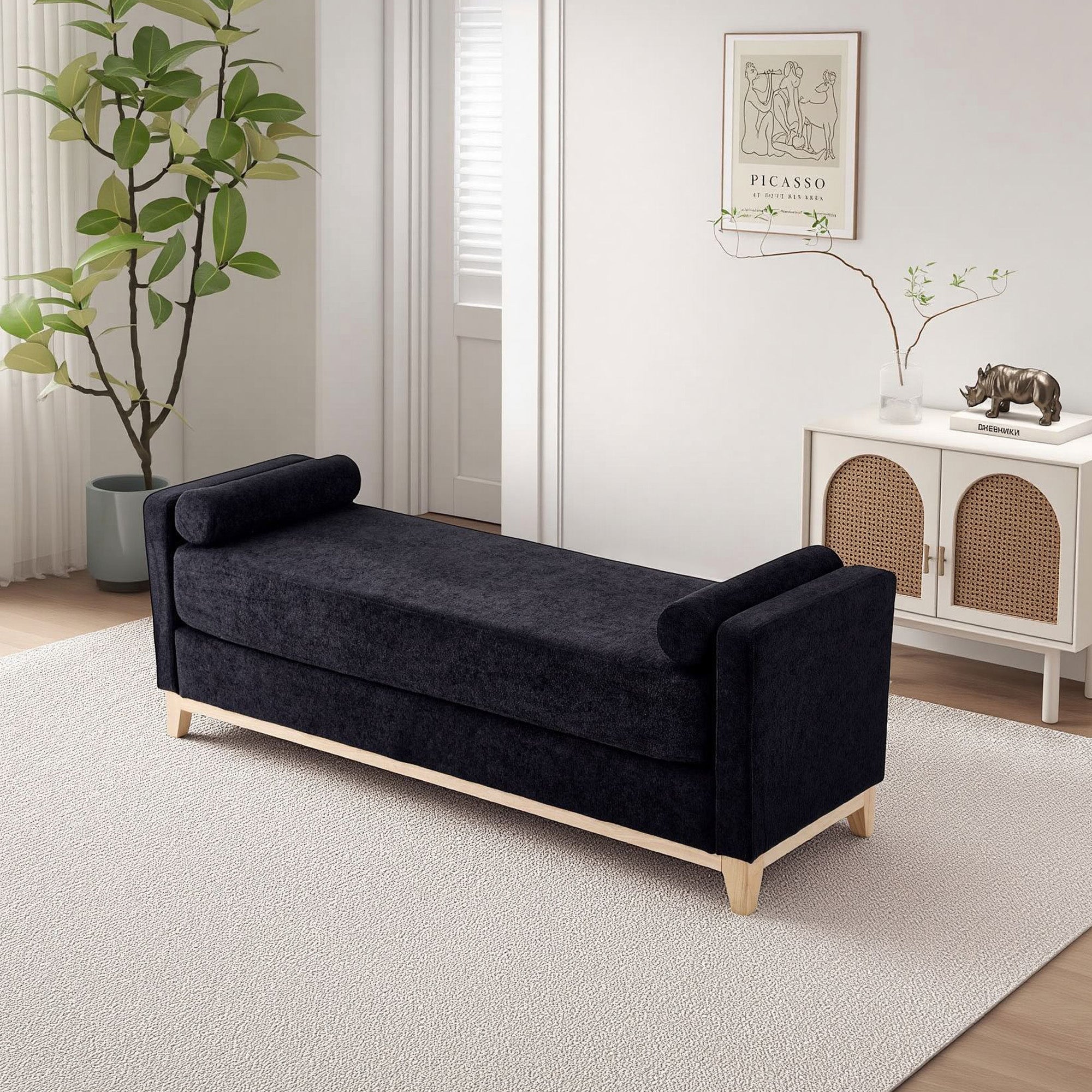 Sherpa Fleece Upholstered Bench with Bolster Pillows, Black - Elirian