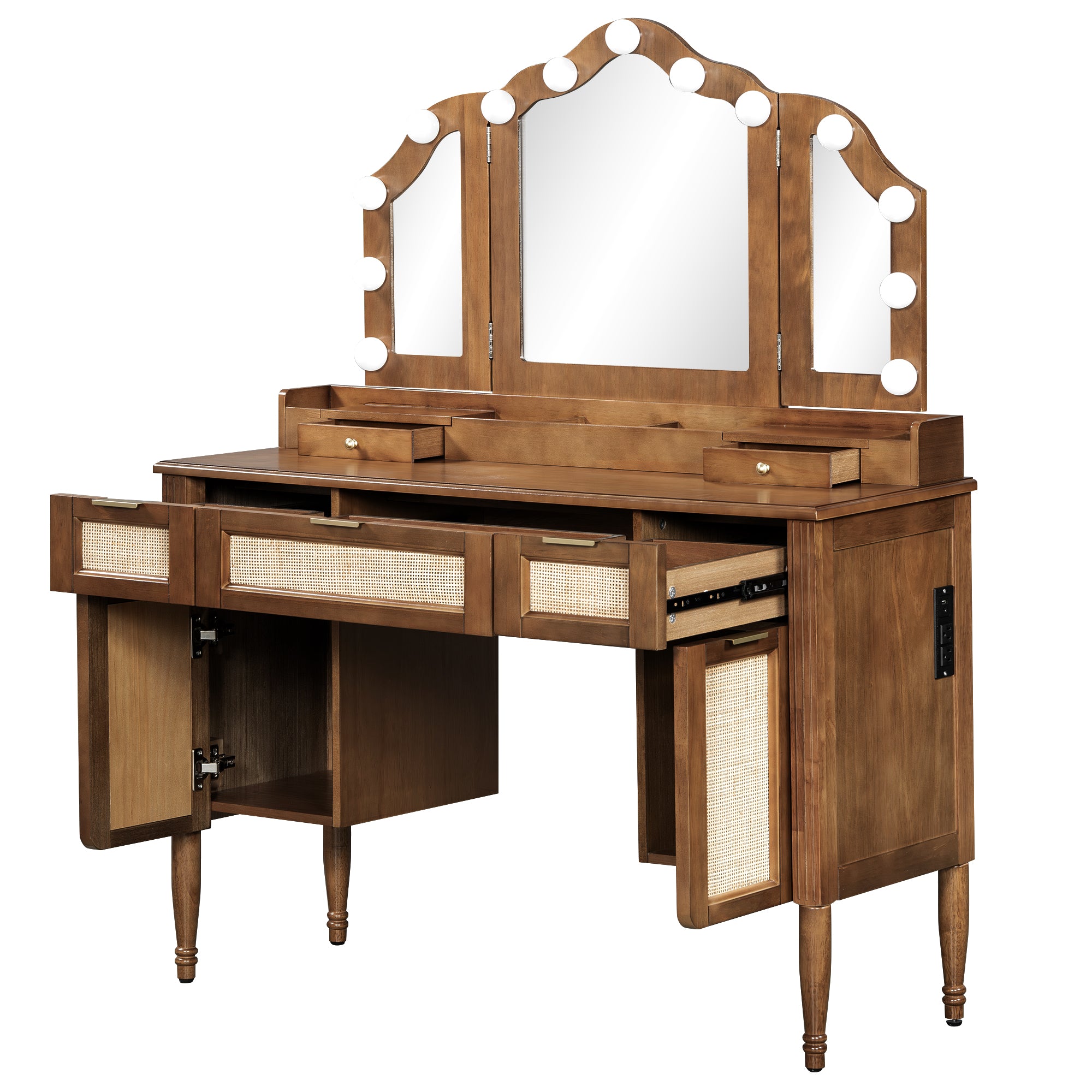 Hollywood Vanity Desk & Stool Set with Tri-Fold Mirror, Espresso - Elirian