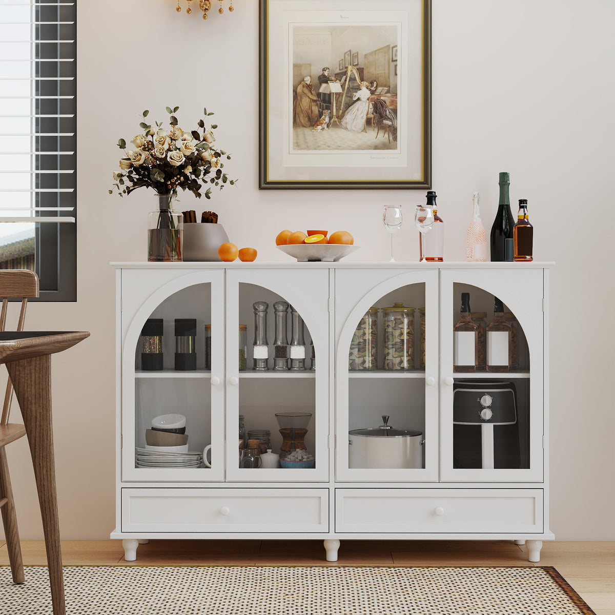White Arched Glass Sideboard Buffet Cabinet with 2 Drawers and 4 Glass Doors - Elirian
