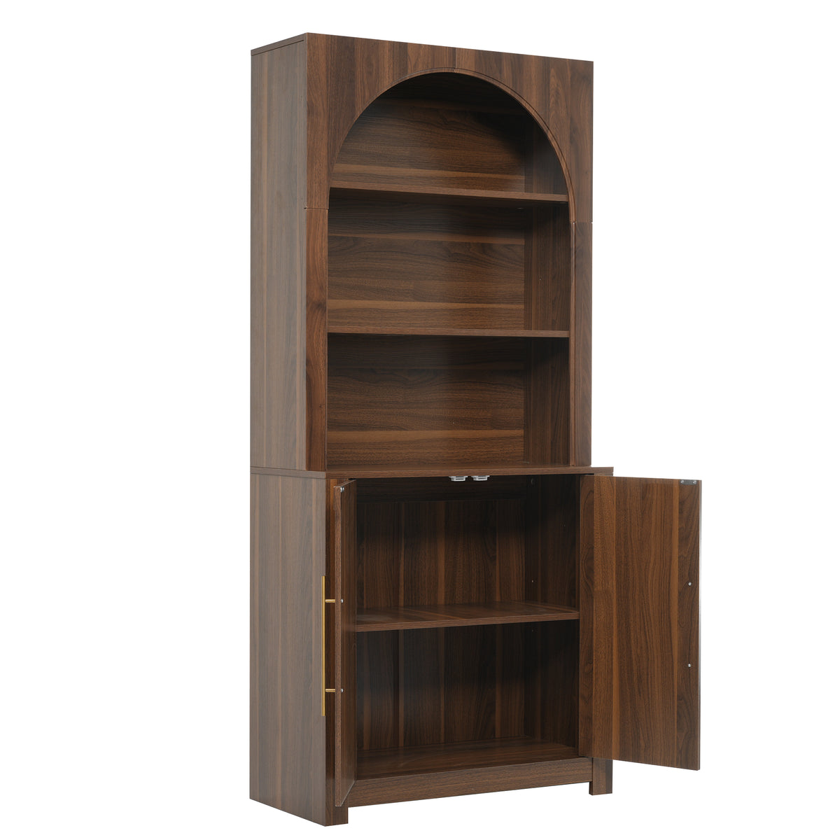 Walnut Arched Bookcase with Storage Cabinet and Open Display Shelves - Elirian