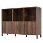 Walnut Fluted 3-Door Storage Cabinet with Open Display Shelves - Elirian