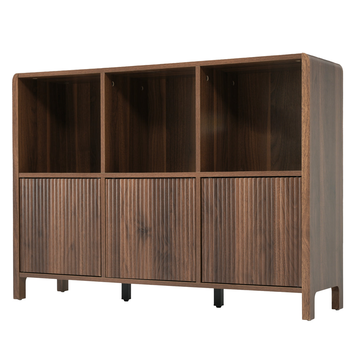 Walnut Fluted 3-Door Storage Cabinet with Open Display Shelves - Elirian