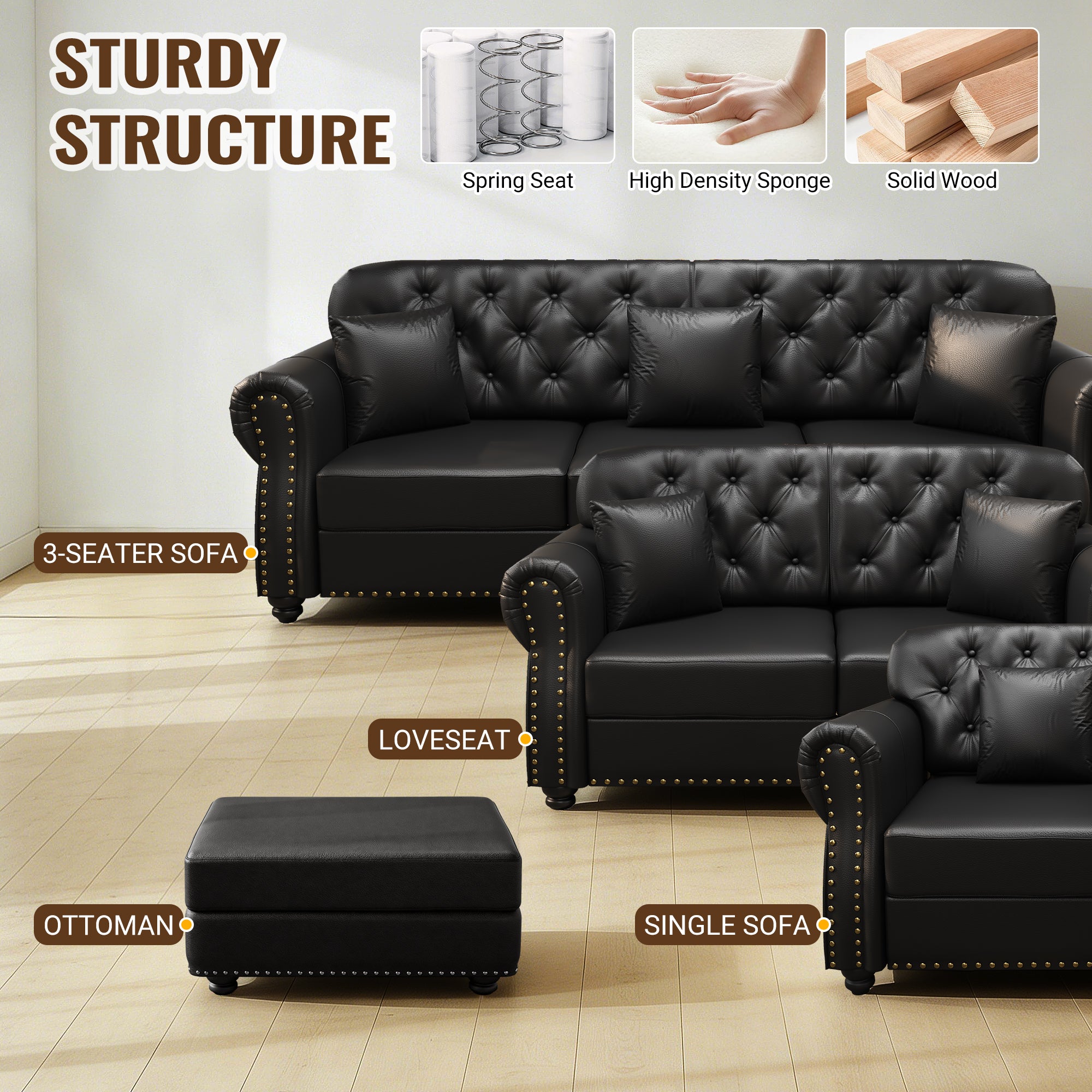 Faux Leather Modular Ottoman in Black - Elirian
