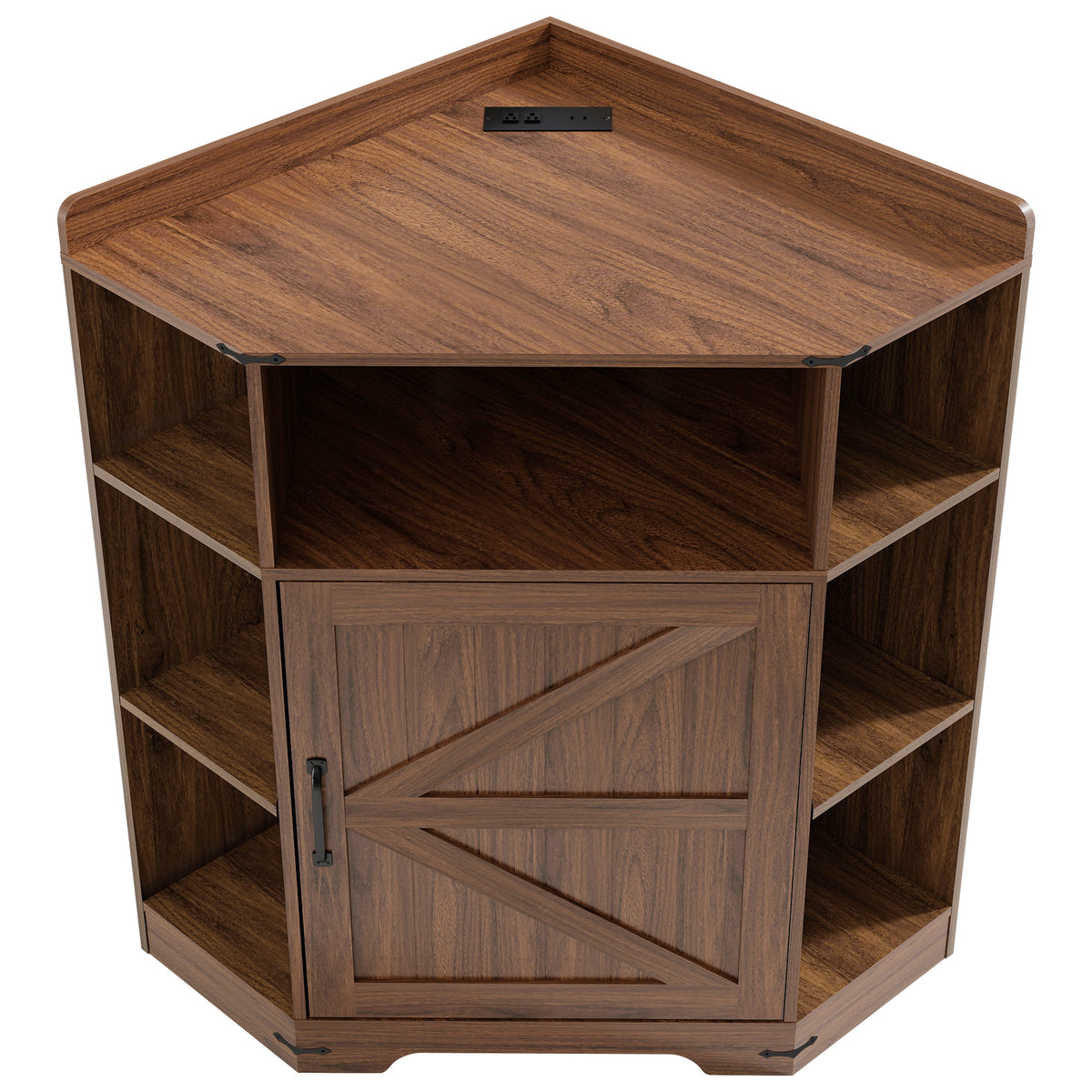 Walnut Corner Storage Cabinet with Charging Station and 6 Cubbies - Elirian