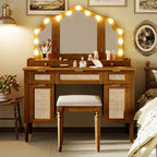 Hollywood Vanity Desk & Stool Set with Tri-Fold Mirror, Espresso - Elirian