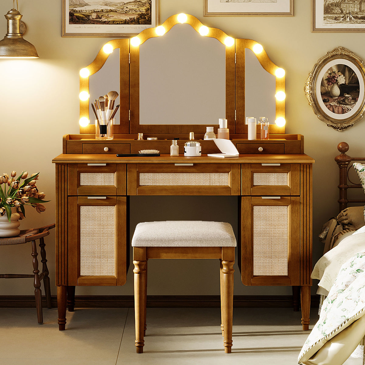 Hollywood Vanity Desk & Stool Set with Tri-Fold Mirror, Espresso - Elirian