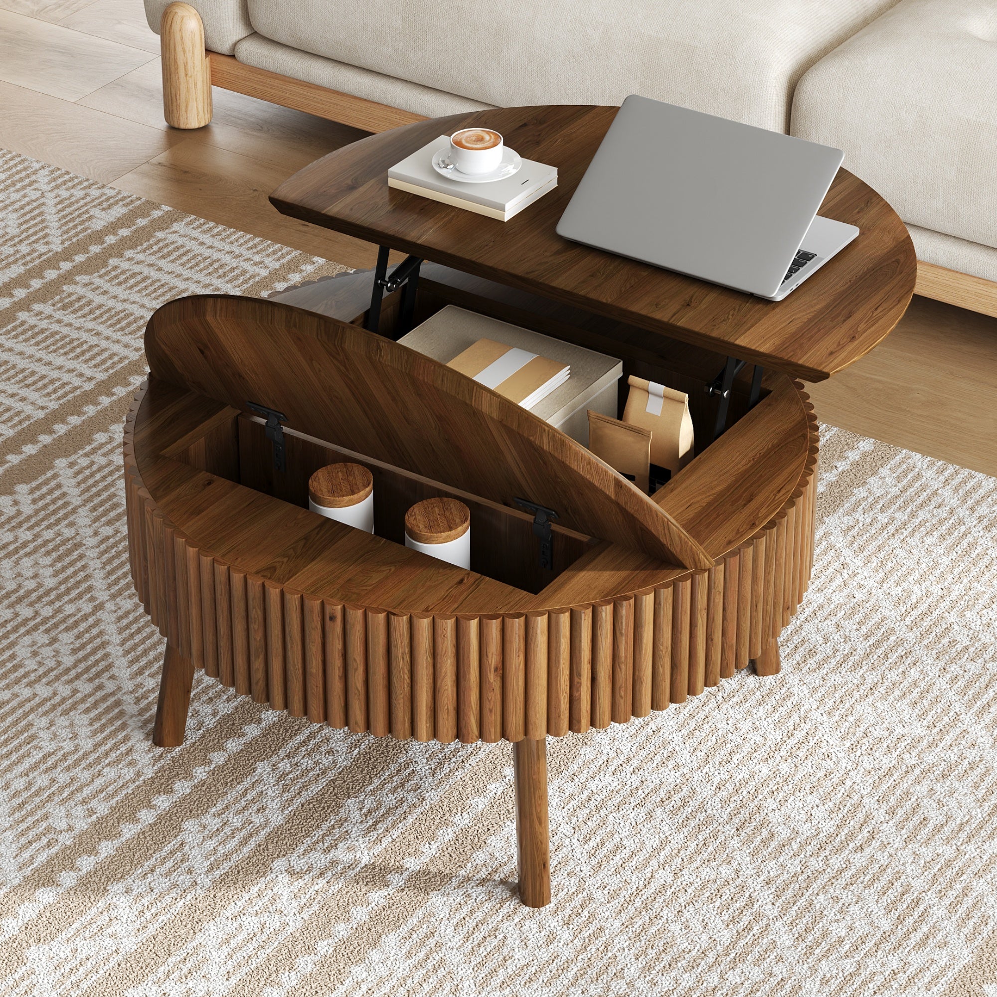 Walnut Round Lift-Top Coffee Table with Fluted Base - Elirian