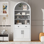 Modern white arched bookshelf with gray interior shelving and storage cabinet - Elirian