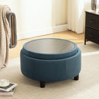 Round Storage Ottoman with Reversible Lid, Blue Fleece - Elirian