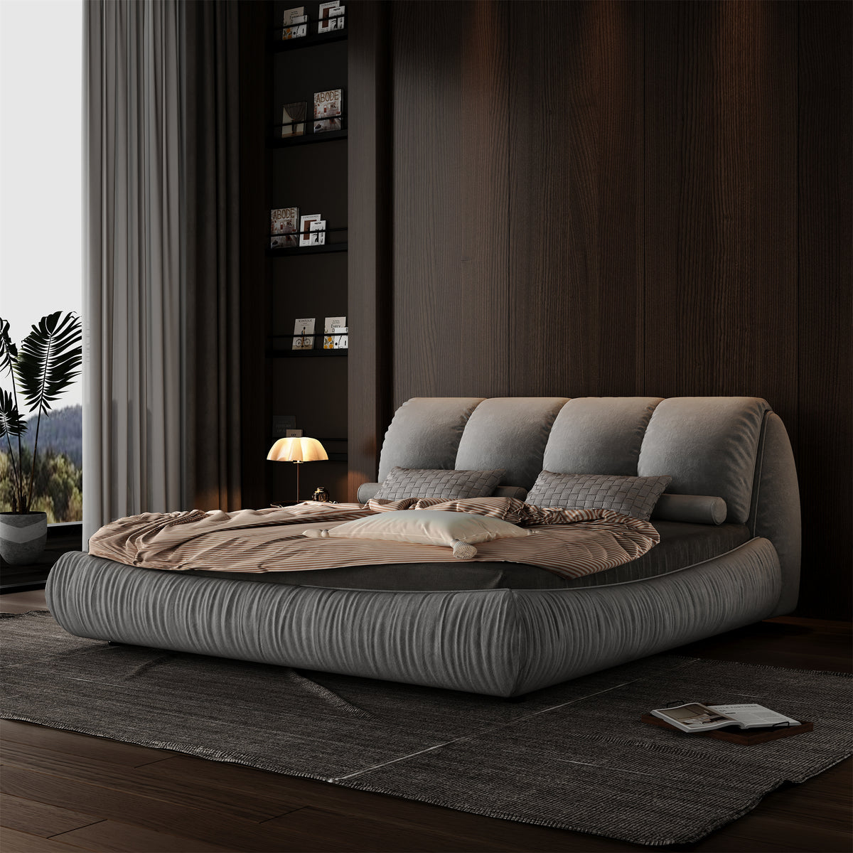 Grey upholstered platform bed with padded headboard in modern luxury bedroom interior - Elirian
