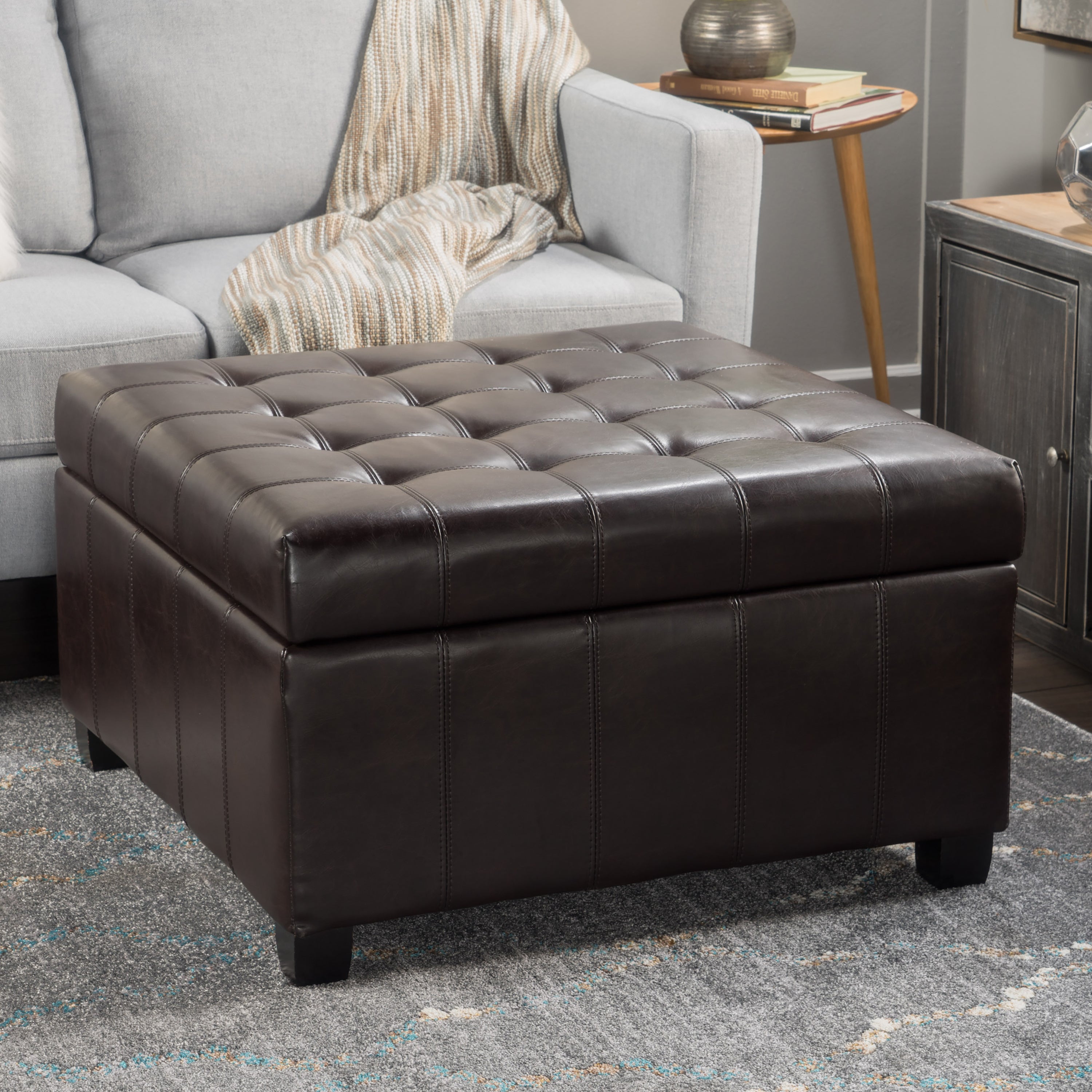 Tufted Storage Ottoman in Dark Brown PU Leather - Elirian