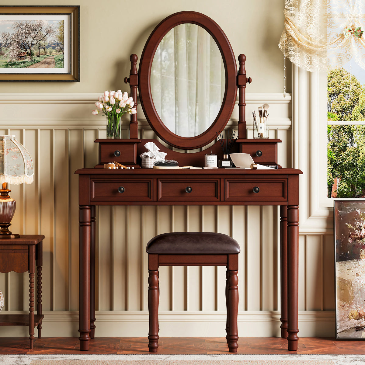 Vintage Walnut Vanity Desk Set with Adjustable Mirror & Velvet-Lined Drawers - Elirian
