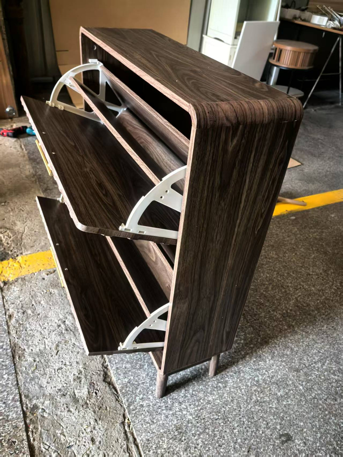 Walnut Mid-Century Shoe Cabinet with Flip-Top Drawers - Elirian