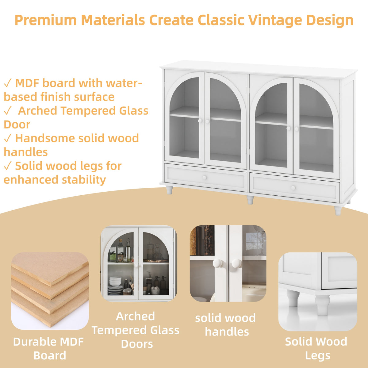 White Arched Glass Sideboard Buffet Cabinet with 2 Drawers and 4 Glass Doors - Elirian