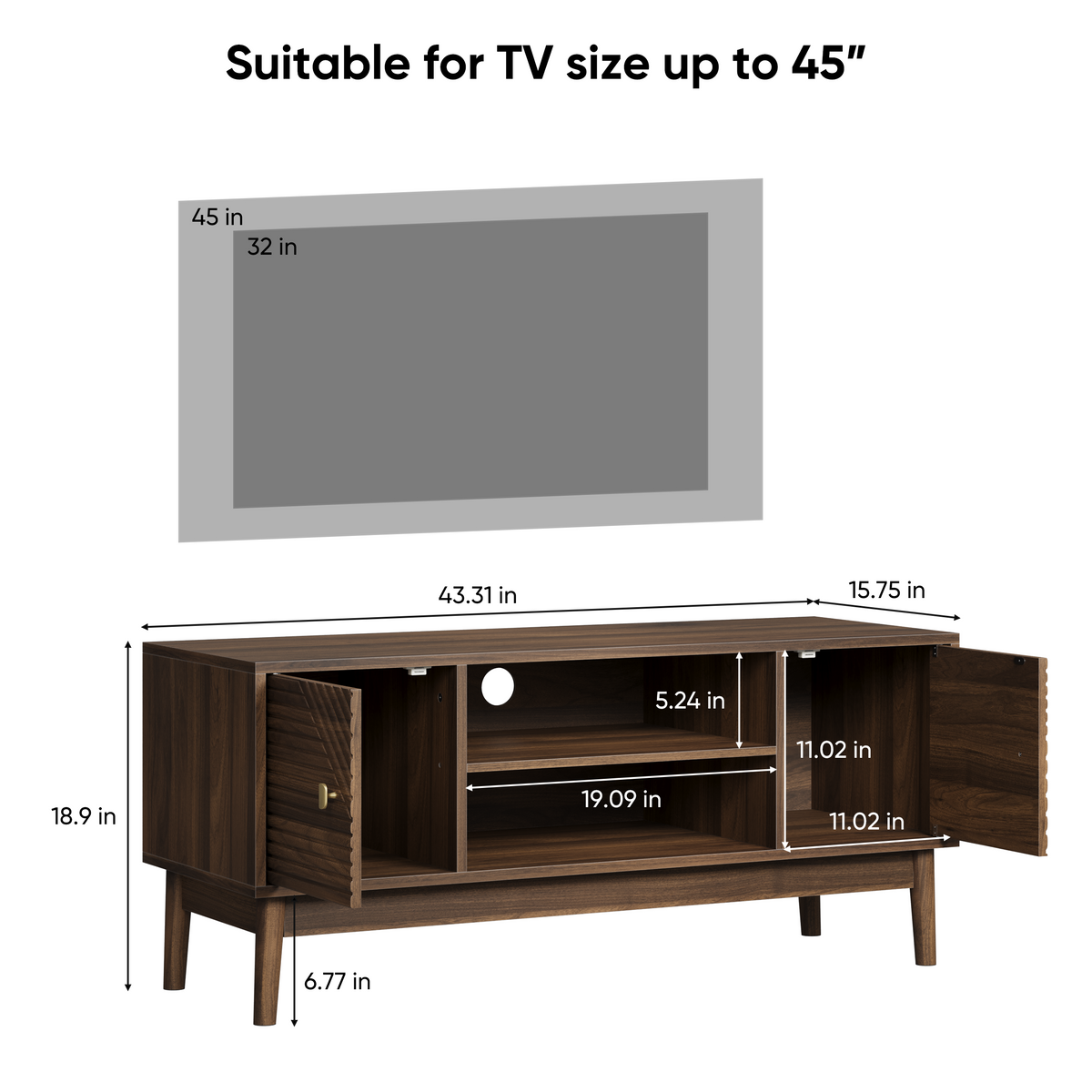 Mid-Century Walnut TV Stand with Grille Doors and Storage - Elirian