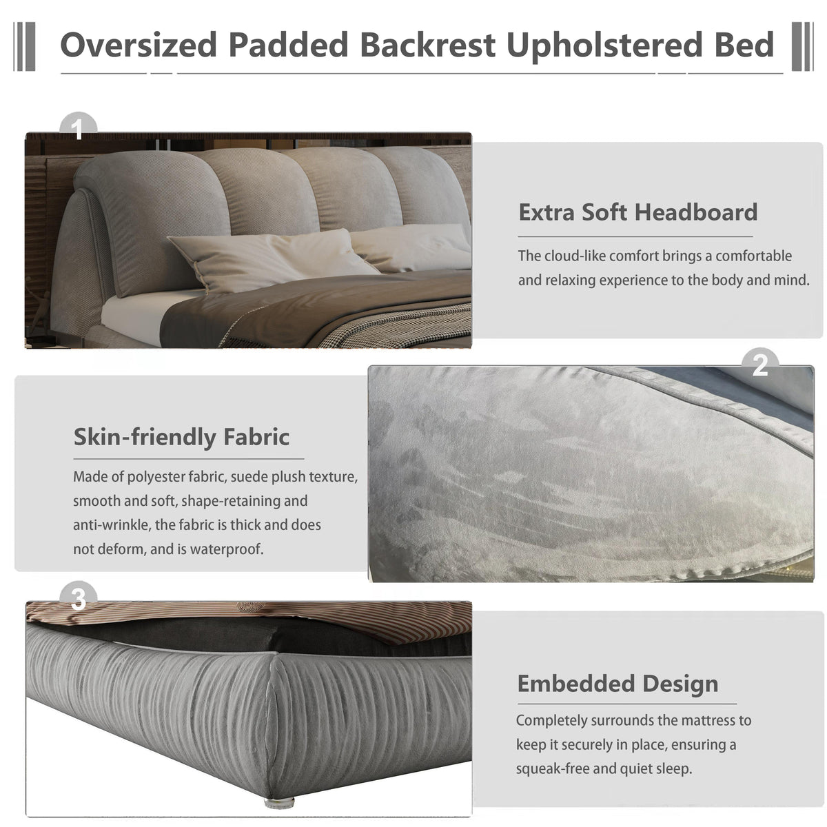 King Size Grey Upholstered Platform Bed with Oversized Padded Headboard - Elirian