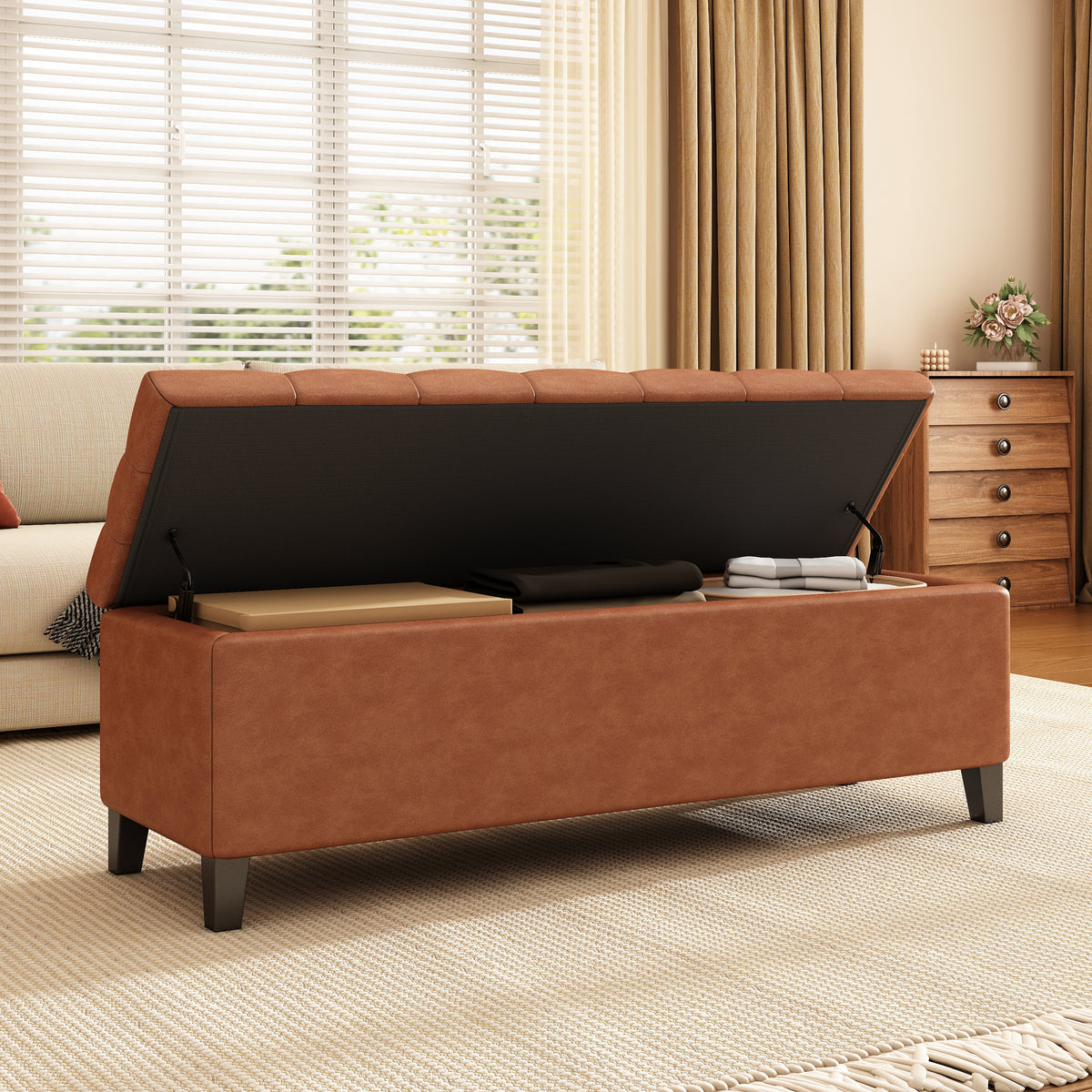 Cognac Brown Button Tufted Storage Ottoman in Faux Leather - Elirian