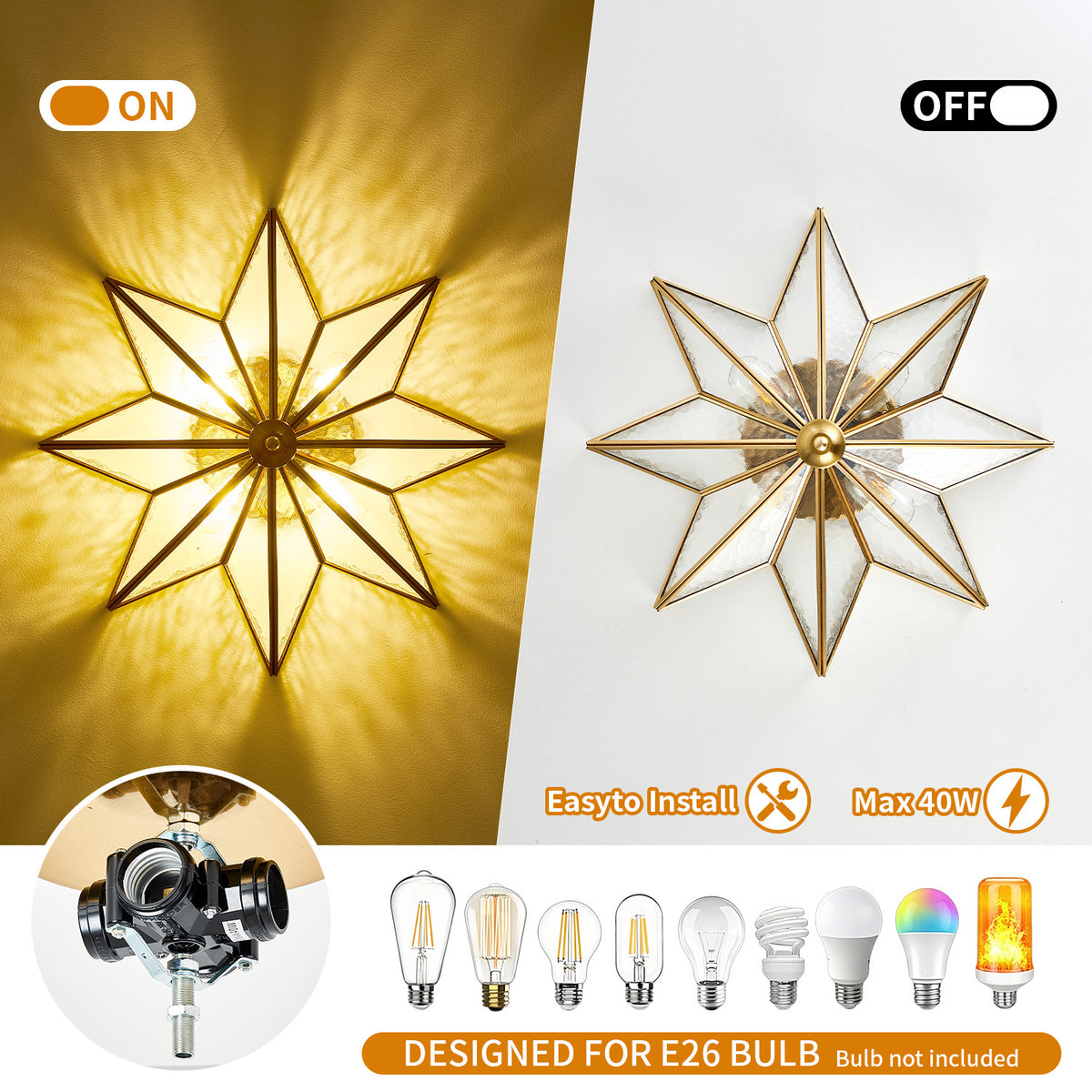 Brass Moravian Star Flush Mount Ceiling Light with Clear Glass - Elirian
