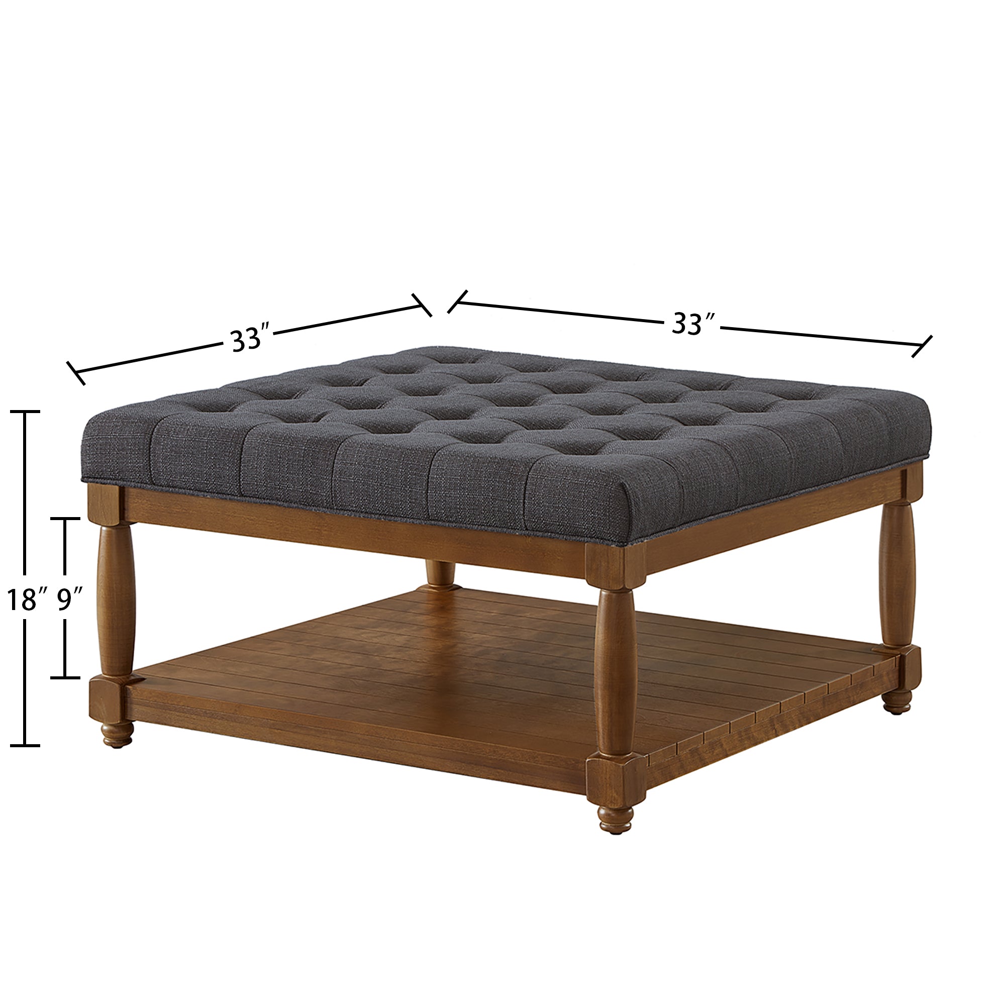 Tufted Linen Ottoman Coffee Table with Wood Shelf, Charcoal - Elirian