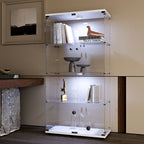 White tempered glass display cabinet with LED lighting showcasing decorative objects and books - Elirian