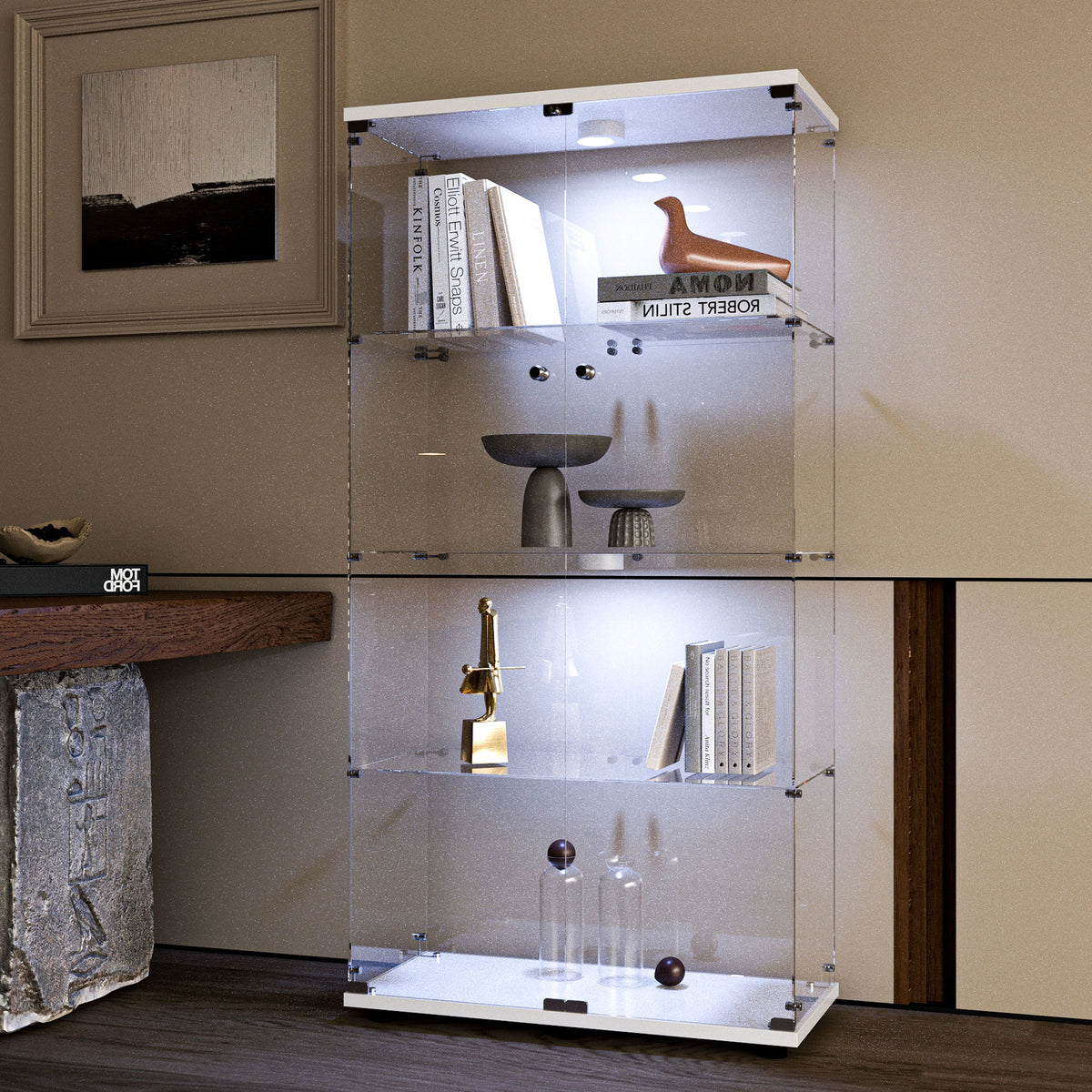 White tempered glass display cabinet with LED lighting showcasing decorative objects and books - Elirian