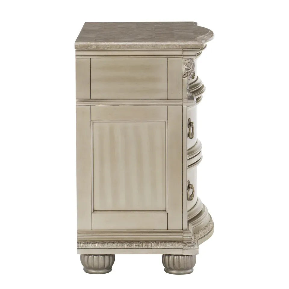 Silver Marble Top Nightstand with 3 Drawers and Classic Carved Details