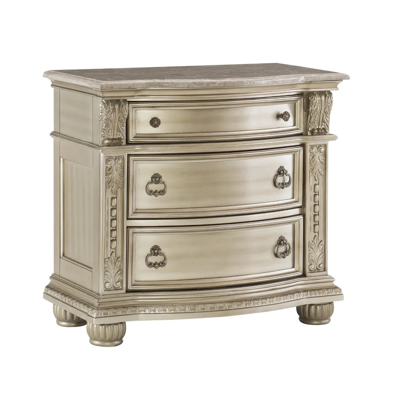 Silver Marble Top Nightstand with 3 Drawers and Classic Carved Details