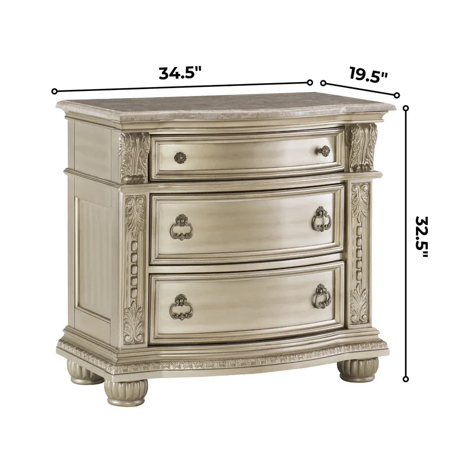 Silver Marble Top Nightstand with 3 Drawers and Classic Carved Details