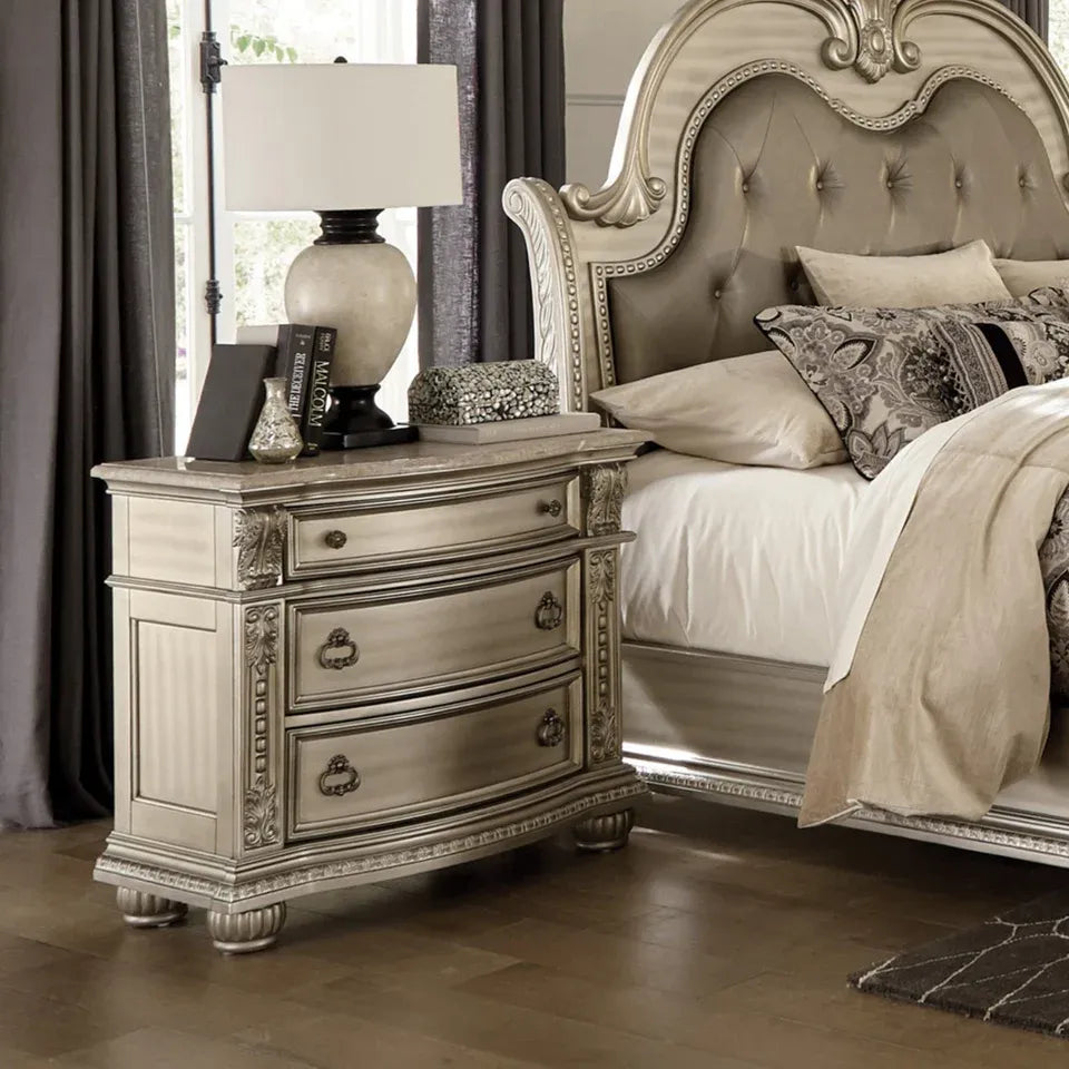 Silver Marble Top Nightstand with 3 Drawers and Classic Carved Details