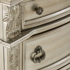 Silver Marble Top Nightstand with 3 Drawers and Classic Carved Details