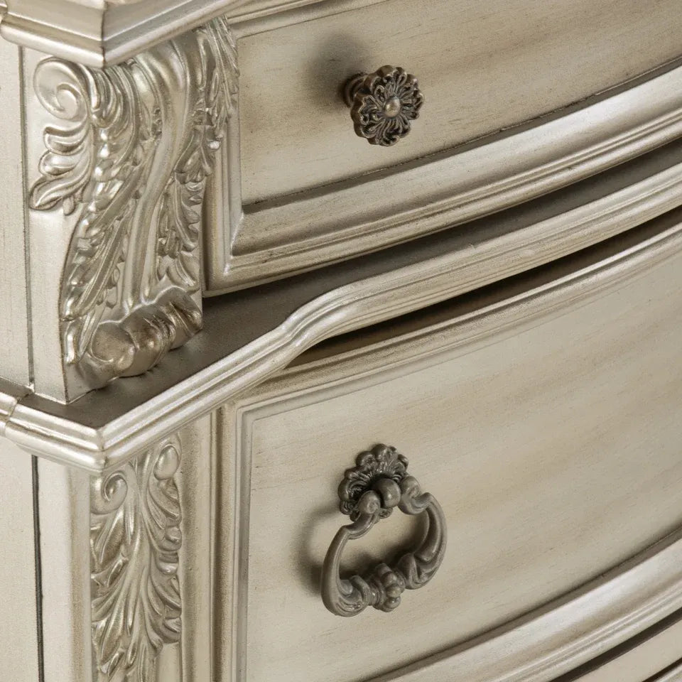 Silver Marble Top Nightstand with 3 Drawers and Classic Carved Details