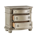 Silver Marble Top Nightstand with 3 Drawers and Classic Carved Details