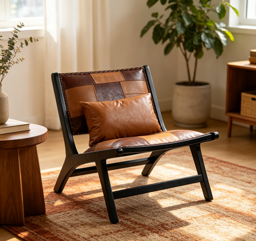 Mid-century brown leather accent chair with black wood frame and patchwork upholstery - Elirian
