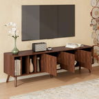 Walnut mid-century modern TV stand with solid wood legs and open shelving storage - Elirian