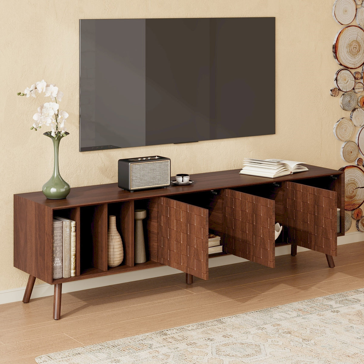 Walnut mid-century modern TV stand with solid wood legs and open shelving storage - Elirian