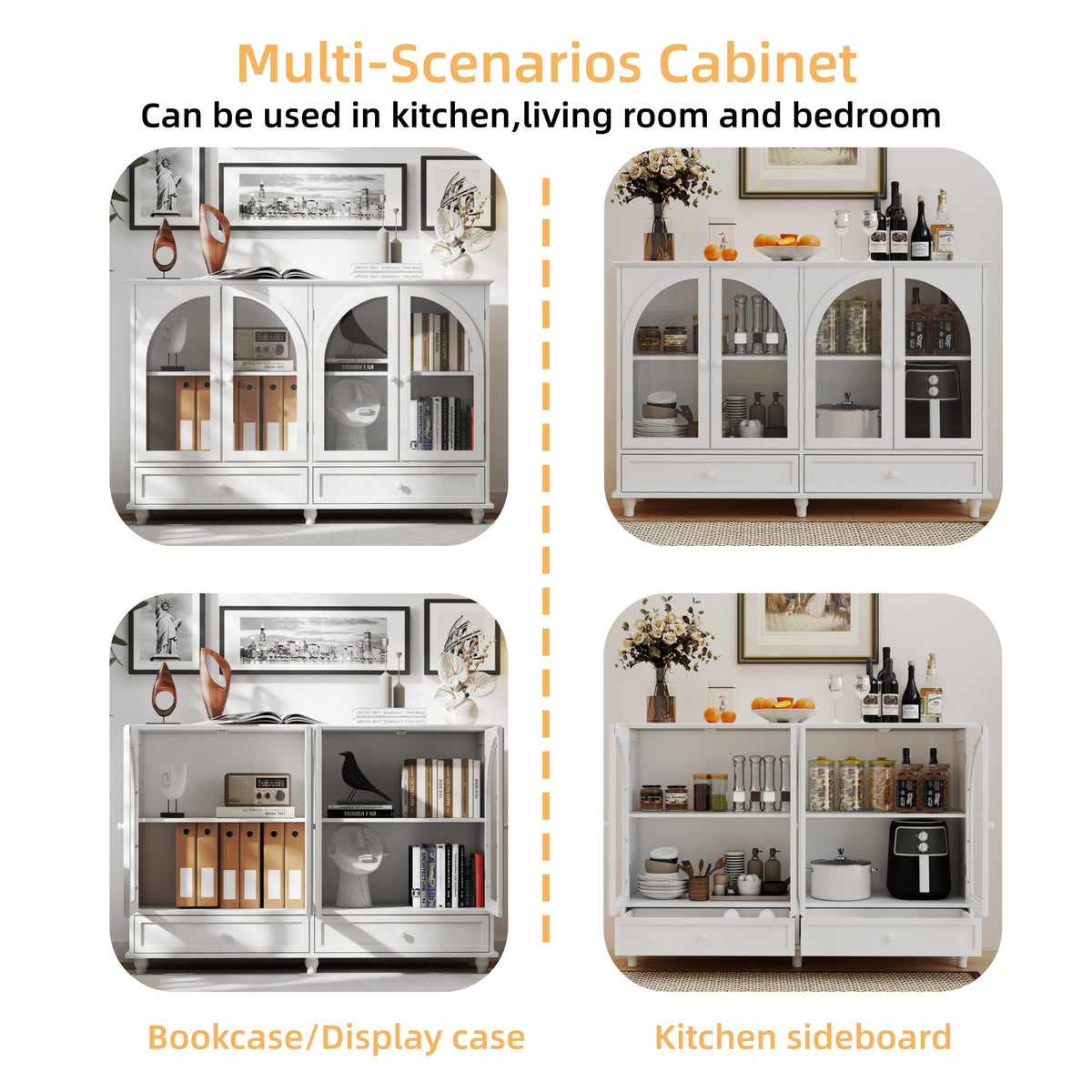 White Arched Glass Sideboard Buffet Cabinet with 2 Drawers and 4 Glass Doors - Elirian