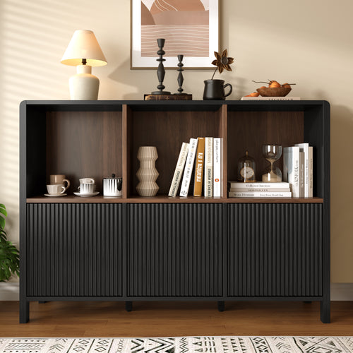 Black fluted storage cabinet with open shelves displaying books and decorative home accessories - Elirian