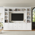 White modern TV stand with built-in bookcase shelving and storage cabinets - Elirian