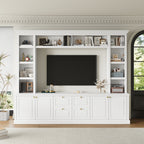 White modern TV stand with built-in bookcase shelving and storage cabinets - Elirian
