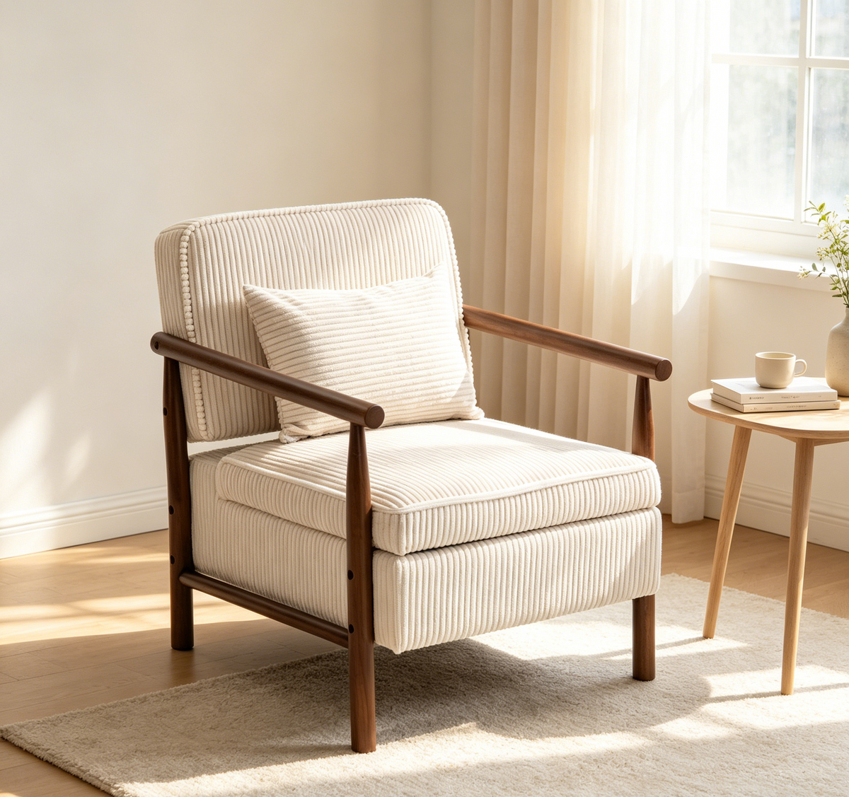 Mid Century Corduroy Storage Accent Chair with Solid Wood Frame - Elirian