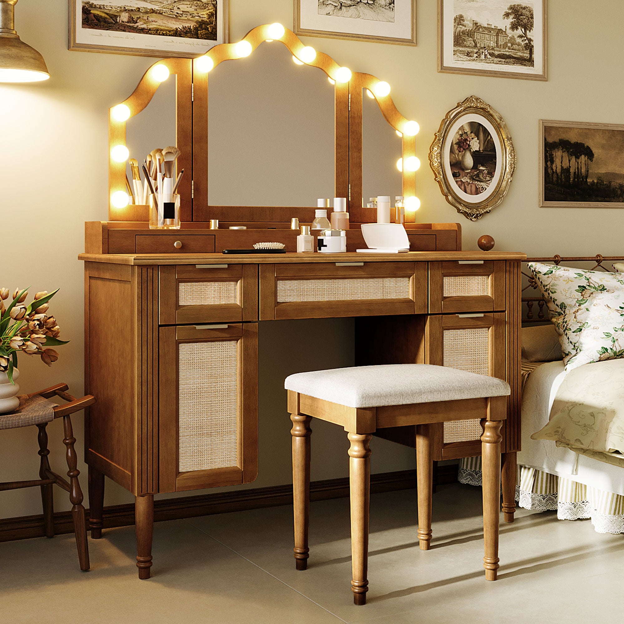 Hollywood Vanity Desk & Stool Set with Tri-Fold Mirror, Espresso - Elirian